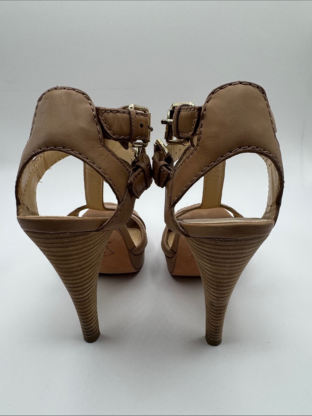 Country Road Tan Leather T Strap Ankle Buckle Heels Block Stiletto Size 38 - Picture 6 of 7